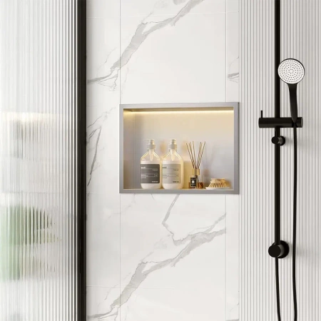Półka Łazienkowa Wnękowa LED 45x30 Stal Szczotkowana