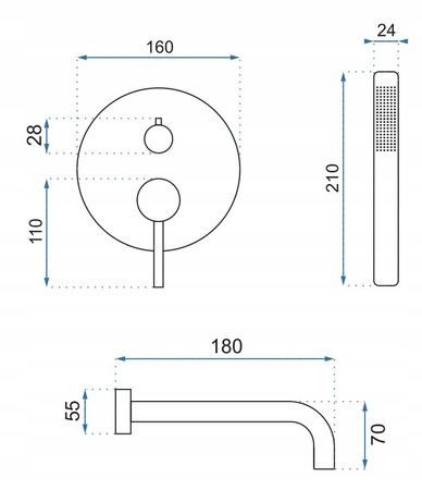Bateria Wannowa Podtynkowa Lungo Złota + BOX